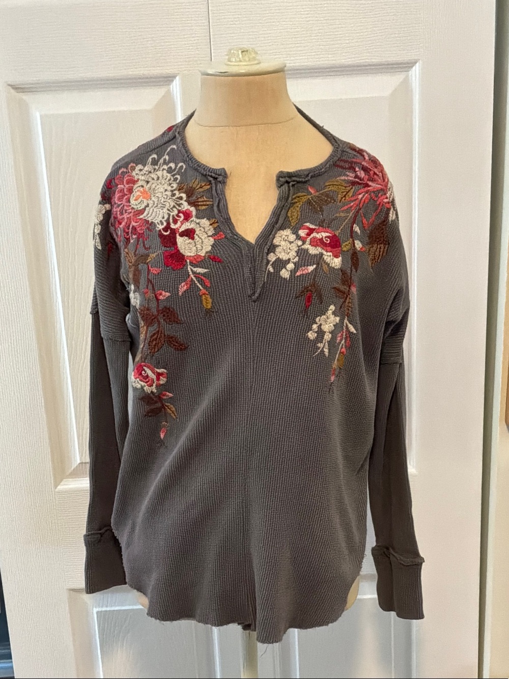 Johnny Was Gray Embroidered V-Neck Top with Pink & Red Floral Detail
